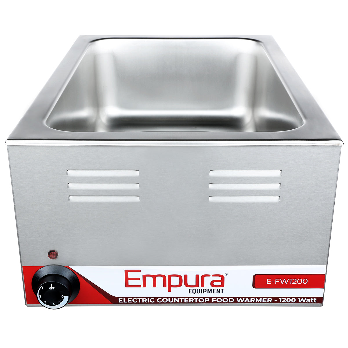 A stainless steel Empura electric countertop food warmer with a deep 27 qt basin, front control knob, vent slots, and a red label displaying model E-FW1200 and 1200 watt rating. The Empura brand name is boldly printed on the front.