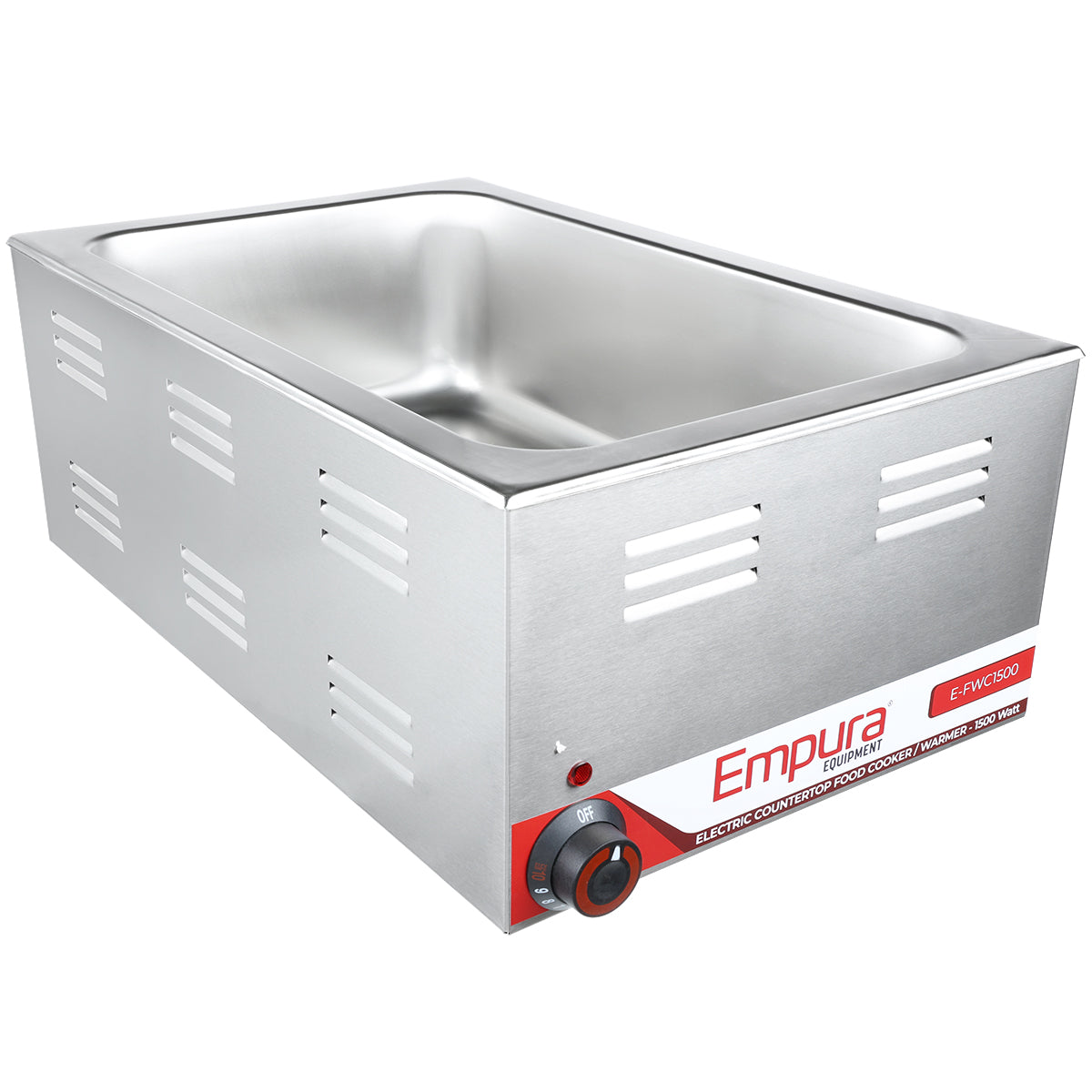 A stainless steel electric countertop food warmer with 27 qt capacity features vented sides, a deep rectangular pan, and a control knob on the red-accented Empura front. The unit is empty and sits on a white background.