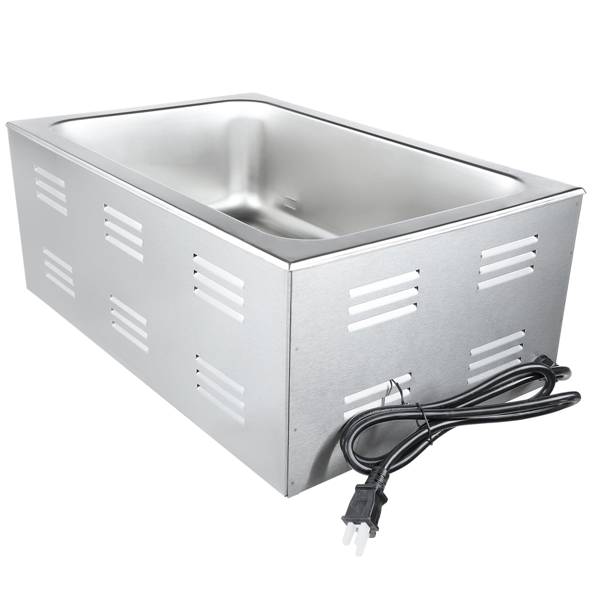 A stainless steel electric food cooker with a 27 qt capacity features a deep rectangular pan, vented side panels, and a black power cord with a three-prong plug coiled beside it. The countertop food warmer boasts a clean, industrial design on a white background.