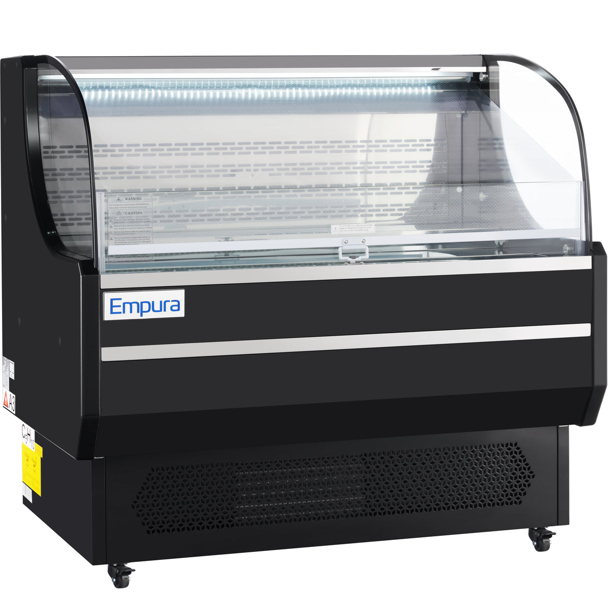 A black Empura Refrigeration open air merchandiser with a curved glass front, interior lighting, and bottom vents. The blue and white Empura logo is on the front. Perfect for displaying chilled food or beverages in style.