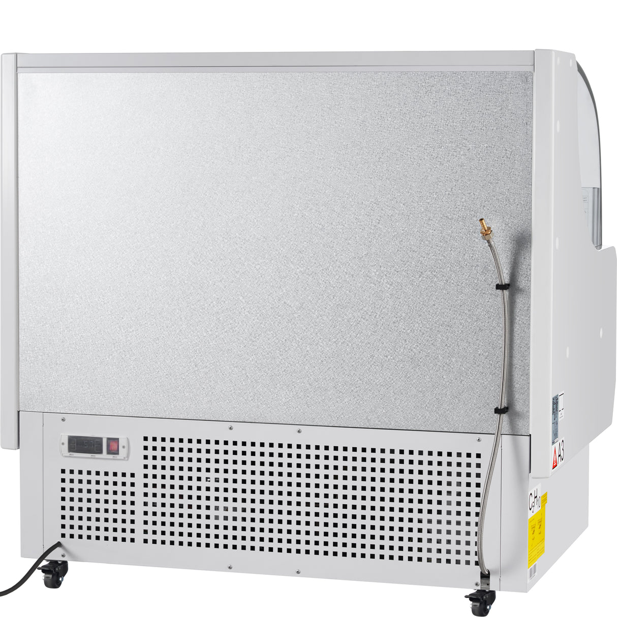 A large Empura Refrigeration unit viewed from the back, featuring a gray metallic panel, digital display, vented lower section, and attached black cable. The right side has a brass nozzle and caution sticker. Ideal for open air merchandiser needs.