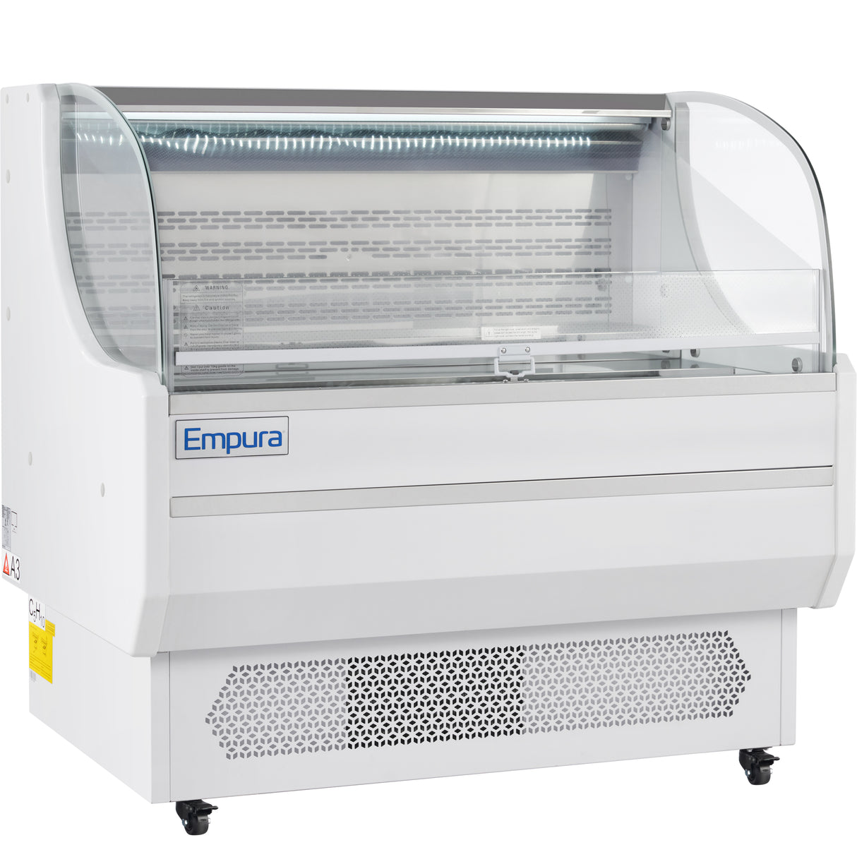 A white Empura refrigeration open air merchandiser with a curved glass front, open shelving, LED top lighting, a vented lower section, and casters for mobility. The interior is empty and clean, ready for displaying food items.