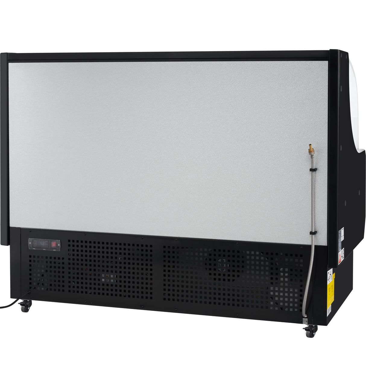 A large, rectangular commercial ice machine by Empura Refrigeration features a silver front panel, black sides, and ventilation grilles at the bottom. It sits on small wheels with a control panel and warning label on the left, plus a water hose attached to the right side.