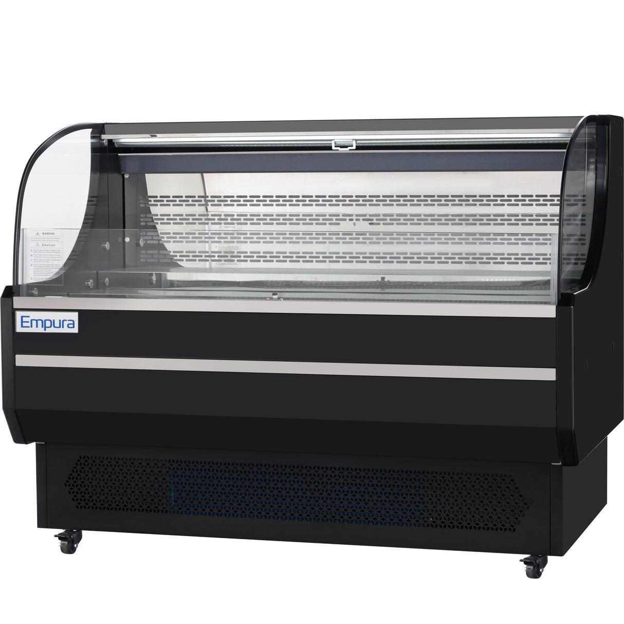 A commercial Empura Refrigeration open air merchandiser with a curved glass front, black exterior, and silver accents. It stands on wheels, with interior shelves and back vent visible—perfect for showcasing food items.