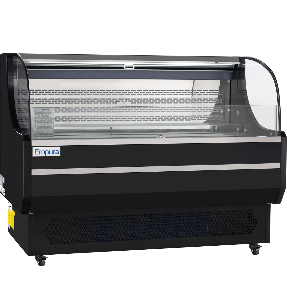 A large, black Empura Refrigeration 59 Inch Refrigerated Display case with curved glass front and sides. It features a vented base with wheels, a sliding glass door at the back, and an interior ideal for showcasing food or products.