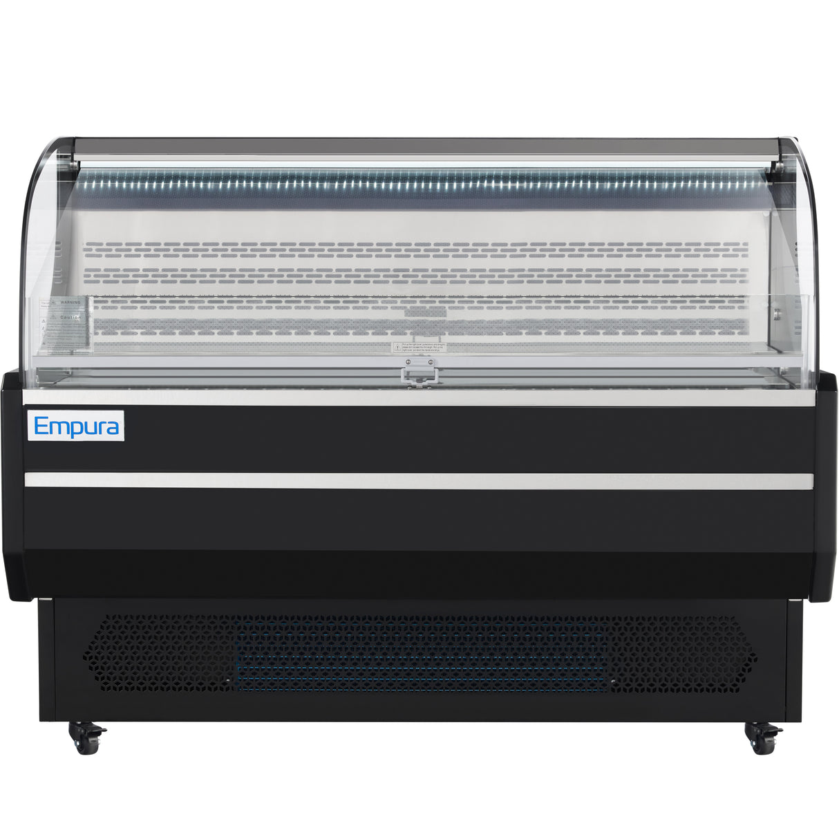 Refrigerated display case with a curved glass top, black body, silver trim, and Empura Refrigeration branding on the front. The display area is empty, and the unit is mounted on wheels for easy mobility.