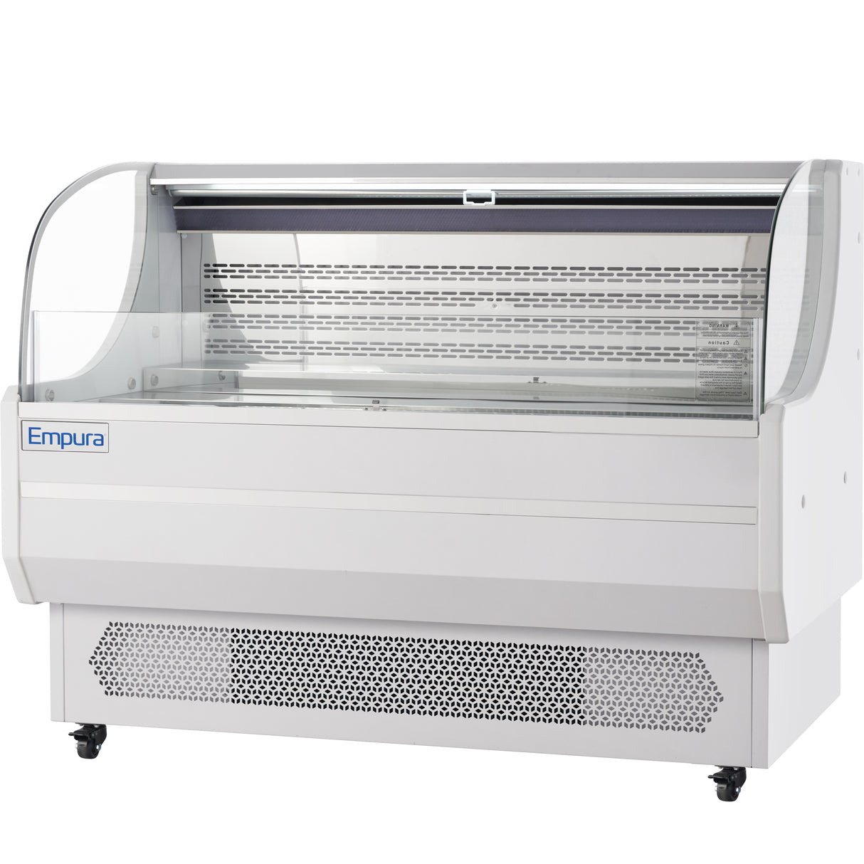 A commercial Empura Refrigeration display case, featuring a curved glass front, white body, perforated lower panel for ventilation, and caster wheels. The open air merchandiser offers a clear view and flat surface for showcasing chilled food items.