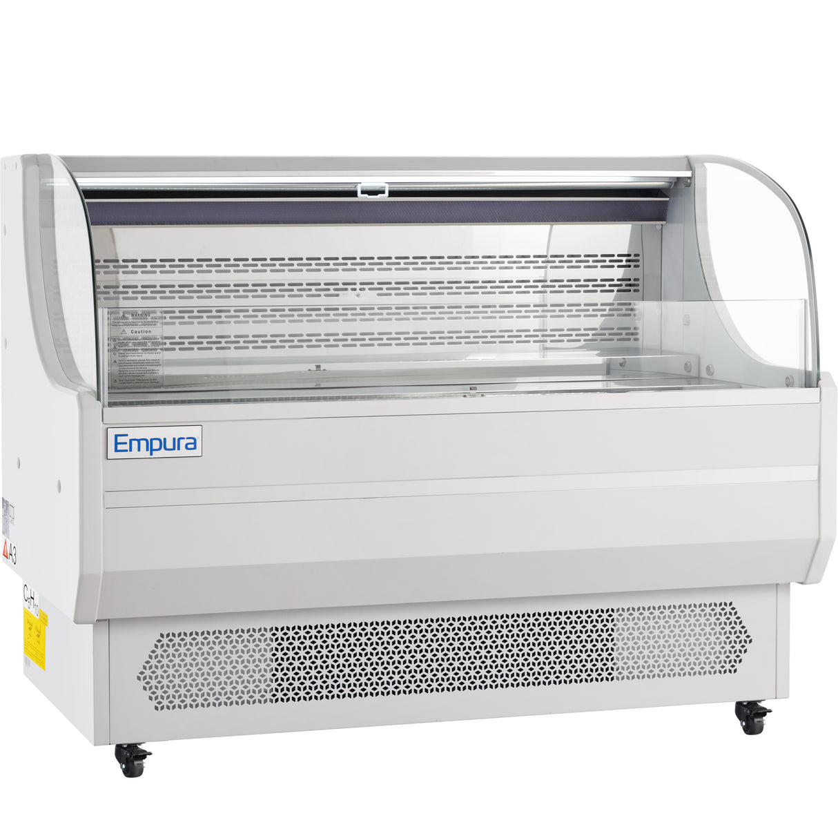 A large white Empura refrigeration display case with a curved glass front, vented base, and brand name on the side. This refrigerated display case is empty, with upper and lower shelves visible, and sits on four caster wheels for mobility.