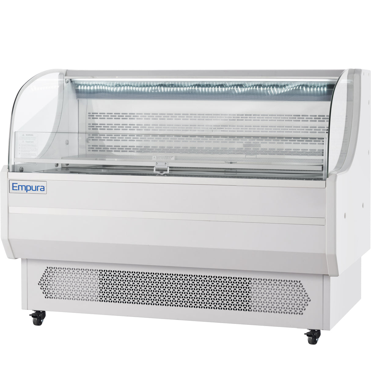 A large, white Empura Refrigeration display case with a curved glass front and top, interior shelves, and ventilation grilles below—perfect for showcasing chilled food items in any commercial setting.