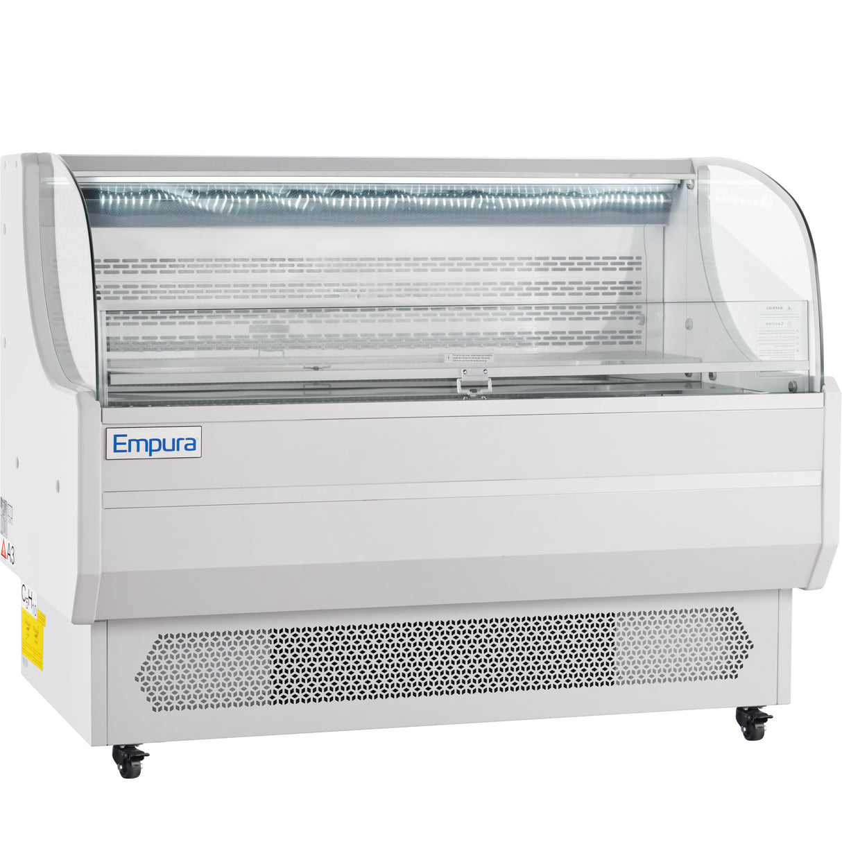 A commercial refrigerated display case from Empura Refrigeration, white with a curved glass front and top, metal vents at the base, and interior lighting for showcasing perishable items in stores or delis. The unit is mounted on small black wheels.