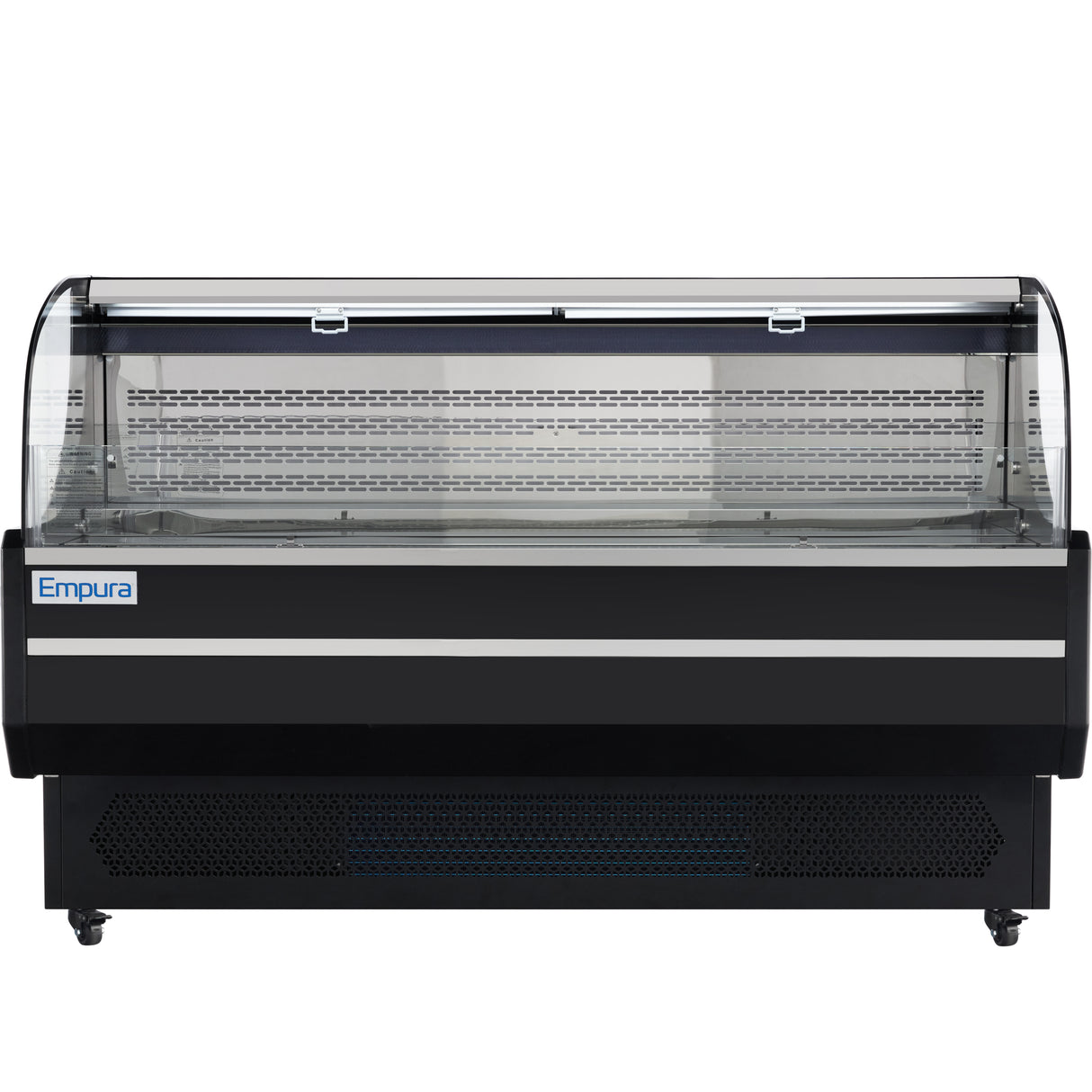 A large, black and silver Empura E-HACMR-71B open air merchandiser with a curved glass front, open interior shelving, and the Empura label on the left; ideal for showcasing chilled food items in retail or food service settings.