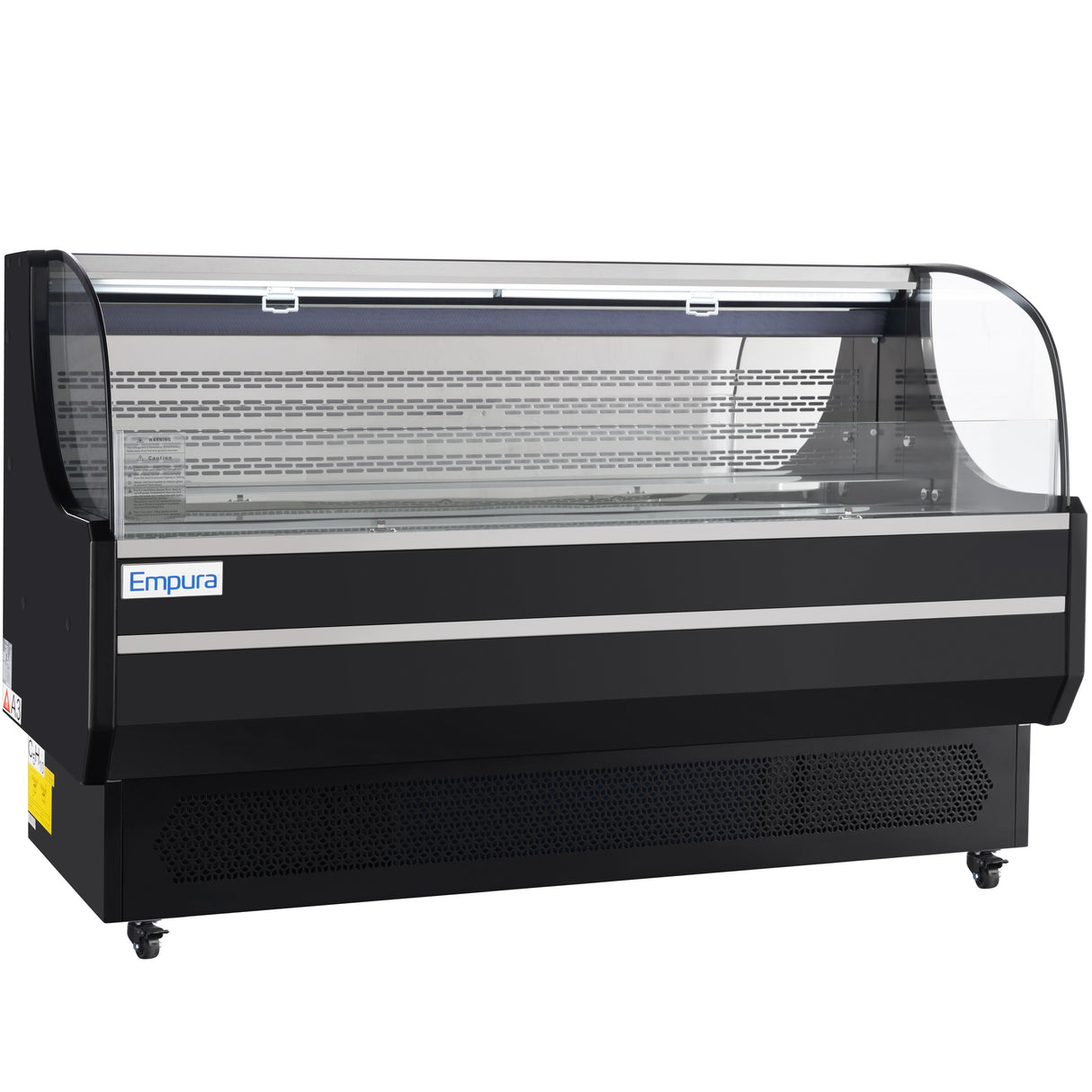 A large, black Empura Refrigeration open air merchandiser with curved glass front and ends, labeled “Empura,” features interior shelving and is empty. The unit is on wheels, perfect for showcasing chilled food items in retail or food service settings.