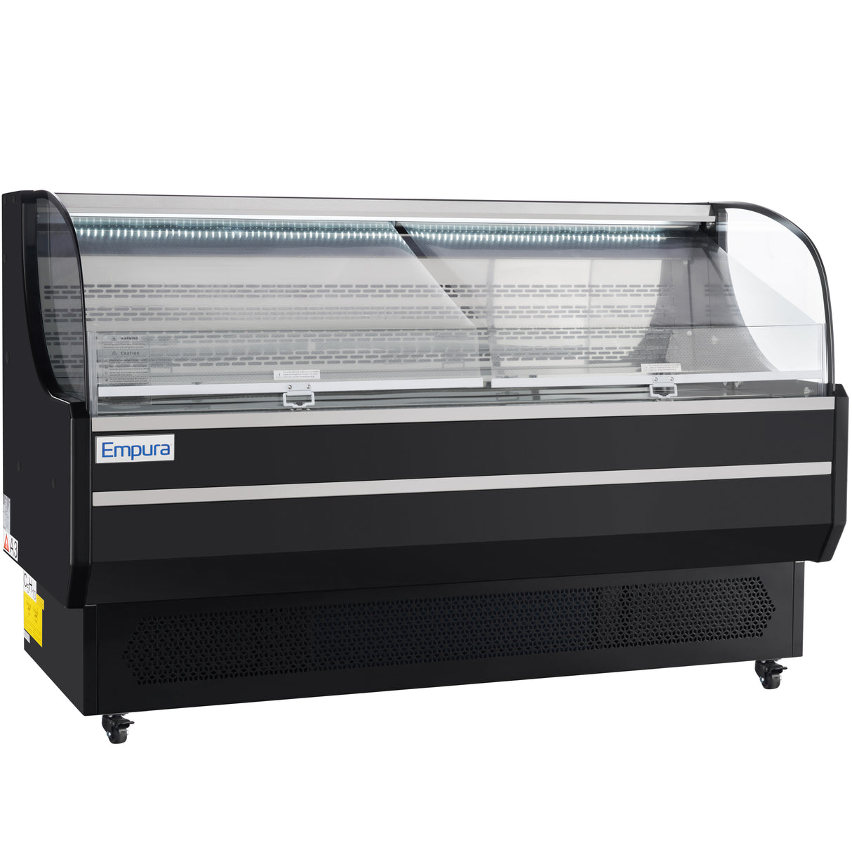 A black Empura Refrigeration display case with curved glass front, internal shelves, and LED lighting. This refrigerated display case is empty, on wheels, and ideal for showcasing food items in grocery stores or delis.
