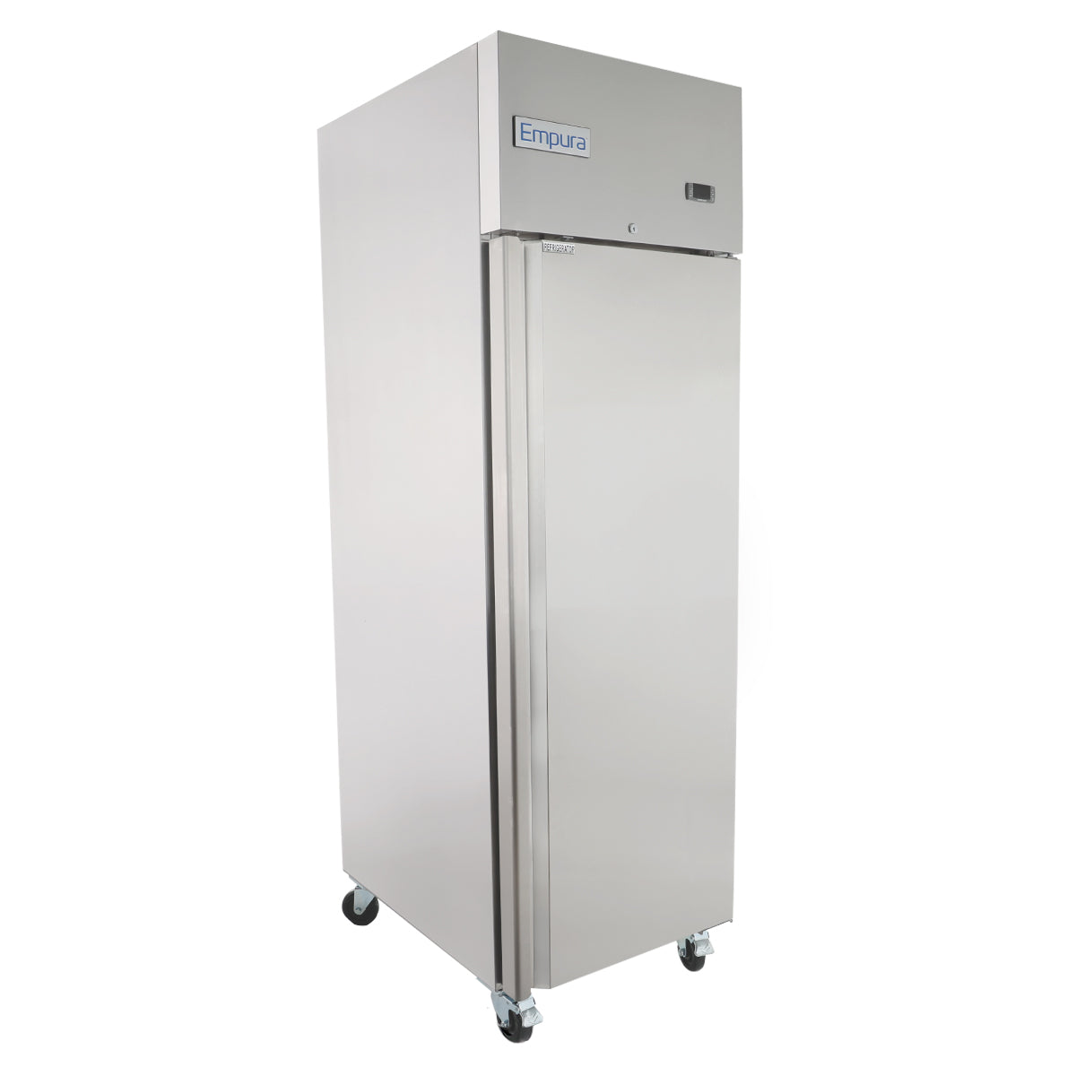 A tall, stainless steel Empura Refrigeration reach-in refrigerator with a single door stands on four caster wheels. The Empura brand is displayed on the upper front panel, highlighting its sleek, modern appearance and rectangular, upright shape.