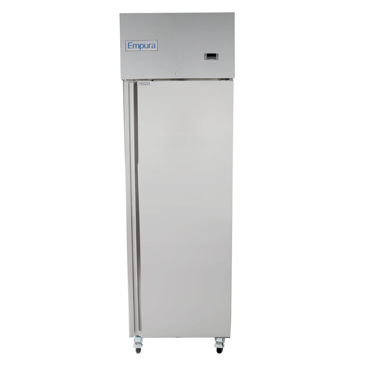 A tall, stainless steel Empura Refrigeration reach-in freezer with a single solid door, vertical handle, and four caster wheels. The top features a digital display and “Empura” logo. Photographed against a white background.