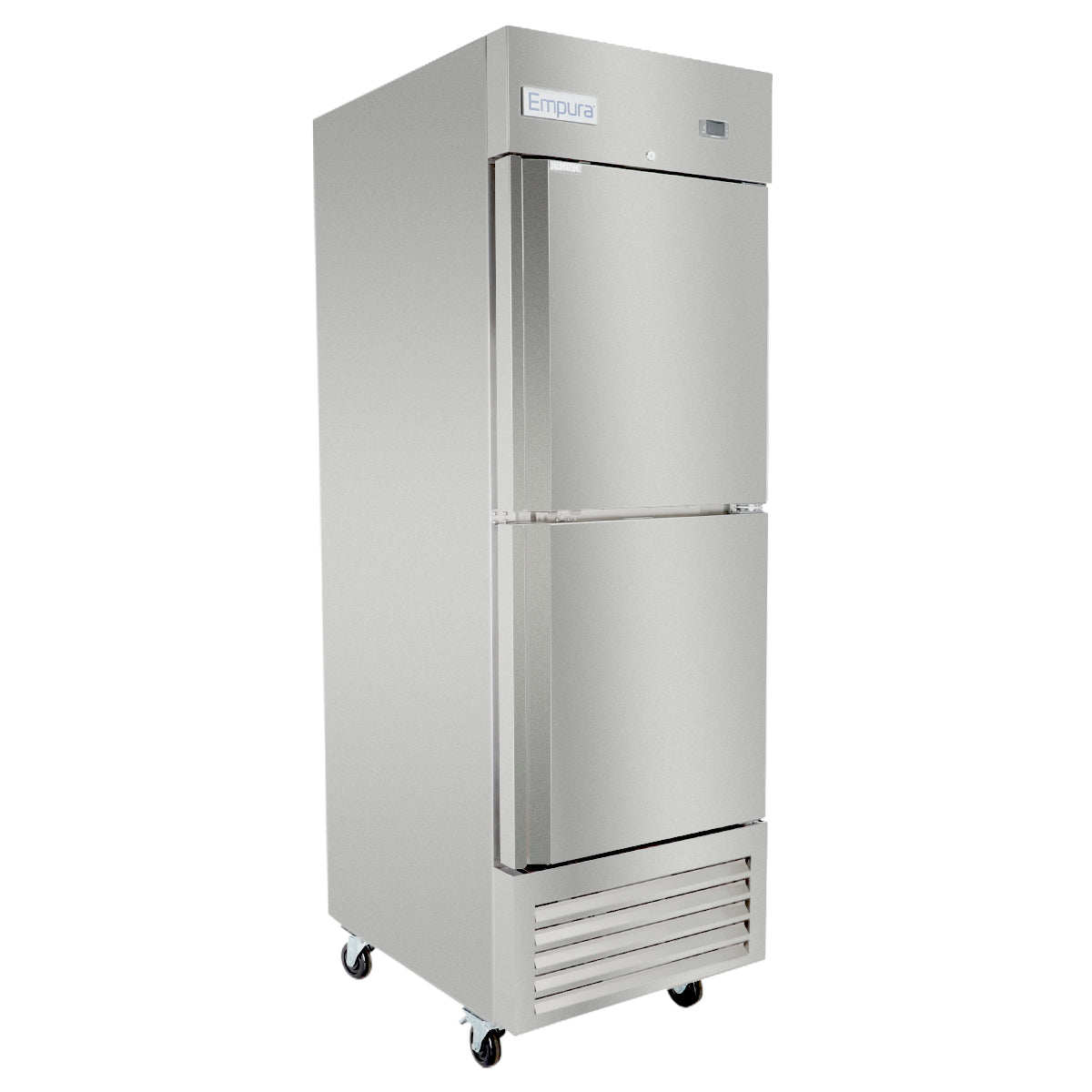 A commercial refrigerator by Empura Refrigeration, this two-door reach-in refrigerator features bottom vents, wheels for mobility, and the Empura label at the top. It stands alone on a white background.