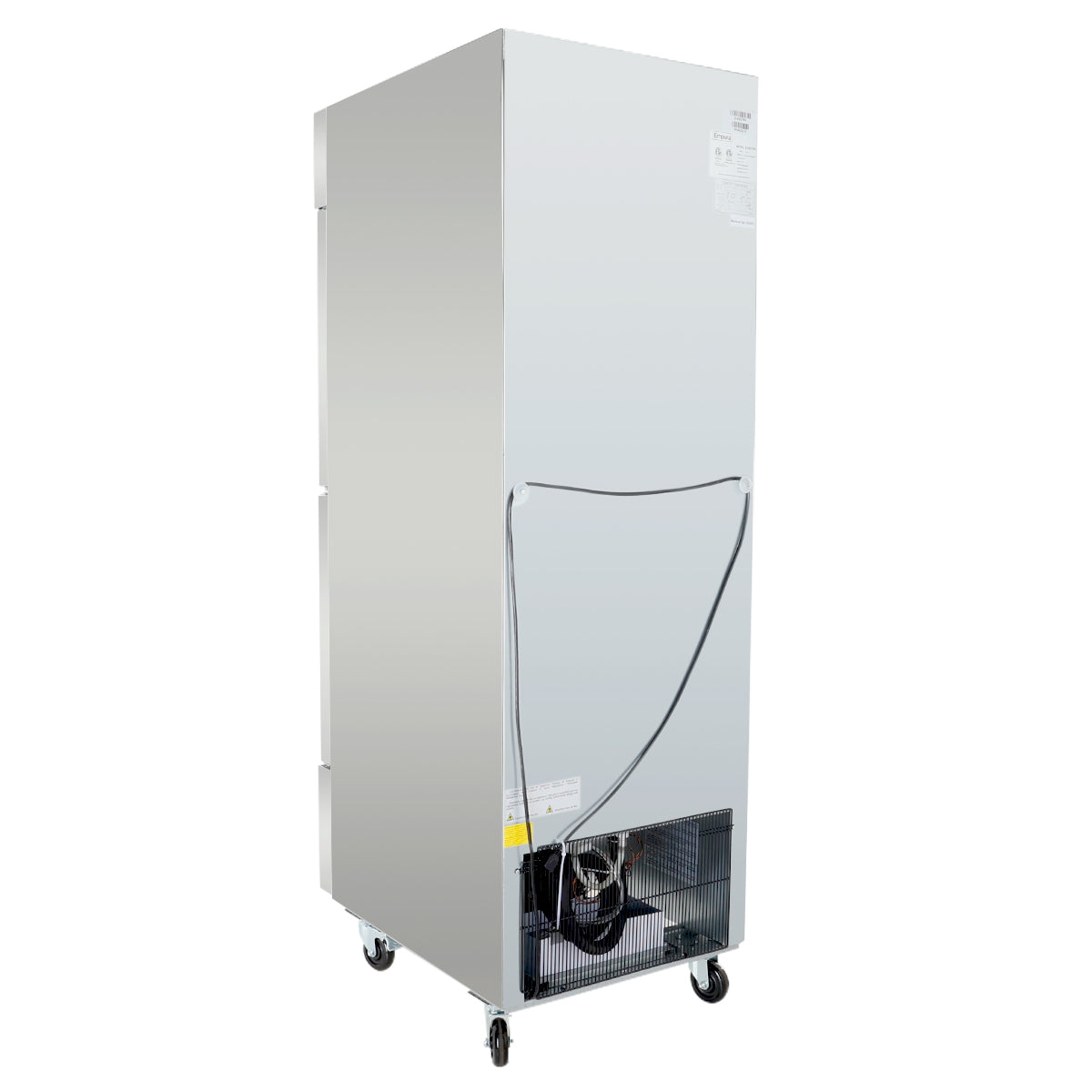 A tall, silver Empura Refrigeration commercial refrigerator seen from the back, showing exposed compressor components at the bottom, ventilation grates, a long black power cord hanging loosely, and four wheels at the base for mobility.