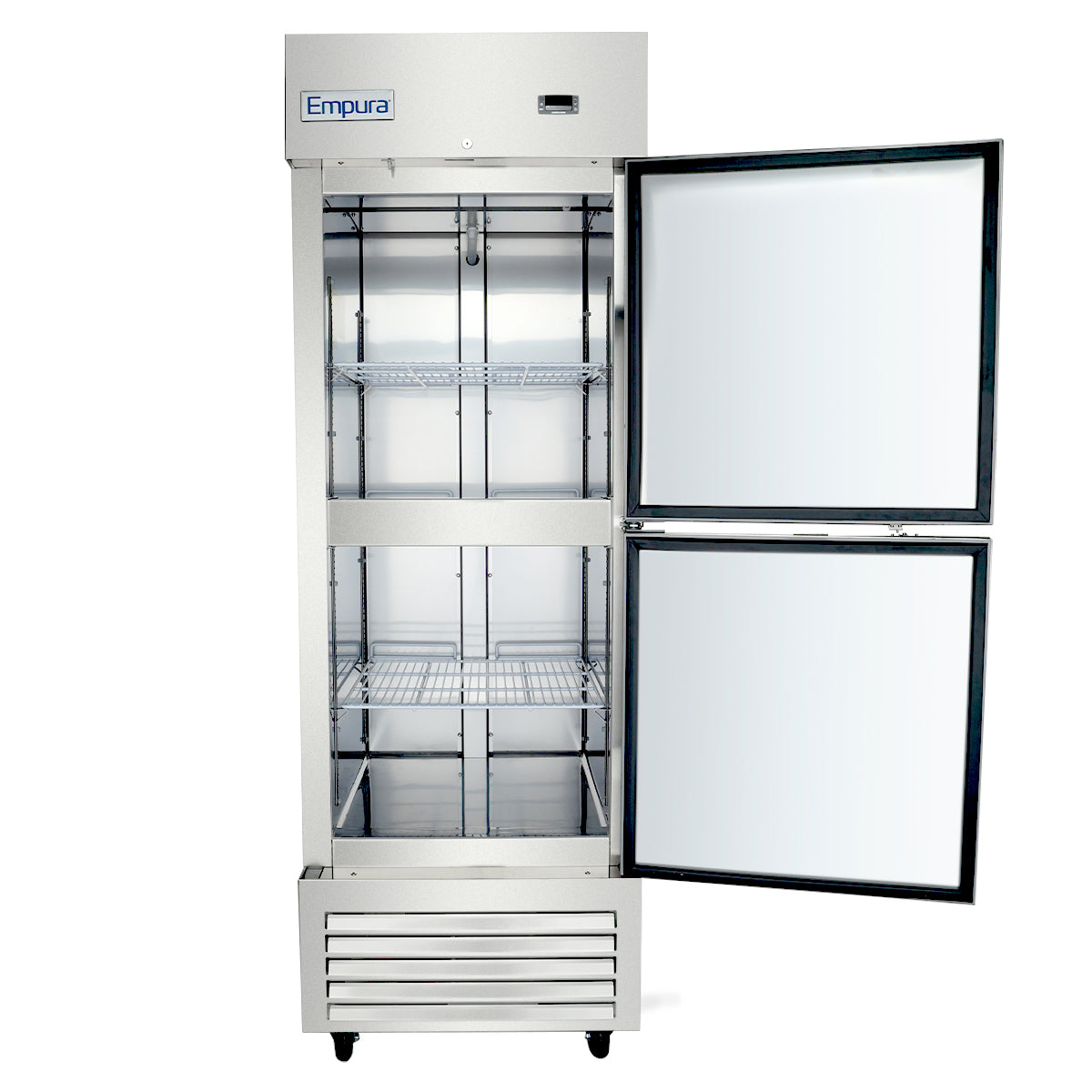 A commercial reach-in refrigerator by Empura Refrigeration with two clear double doors, the upper door open to reveal empty wire shelves. The unit features a digital display, vented bottom panel, and stands on four wheels.