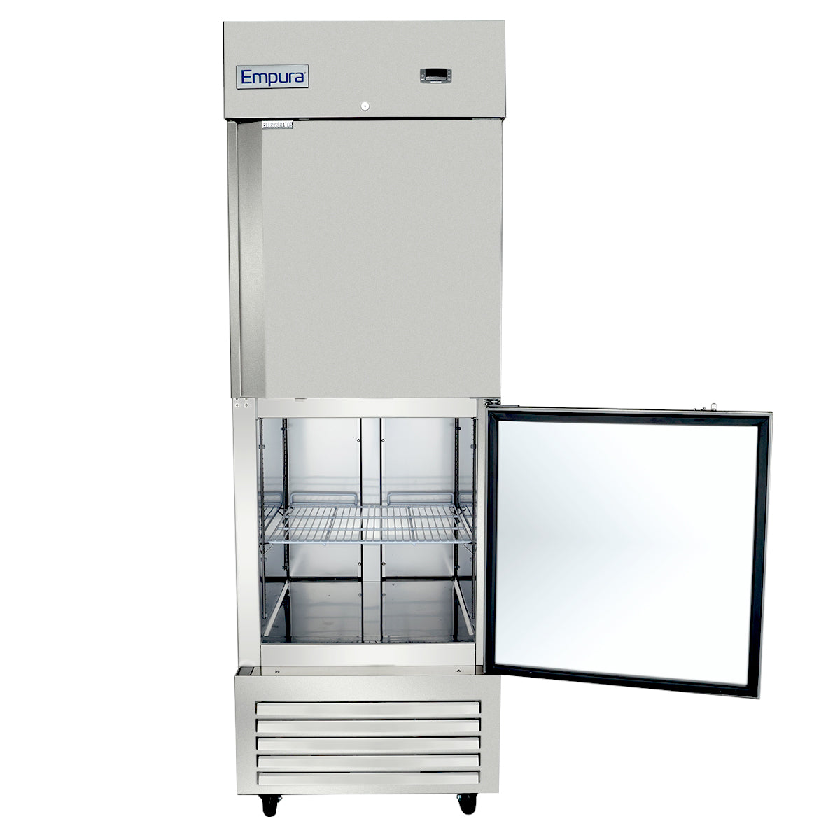 A commercial stainless steel Reach-In Refrigerator by Empura Refrigeration, featuring the brand name at the top. The lower freezer door is open, revealing two wire shelves inside. The unit stands on small wheels and has a bottom-front vent.