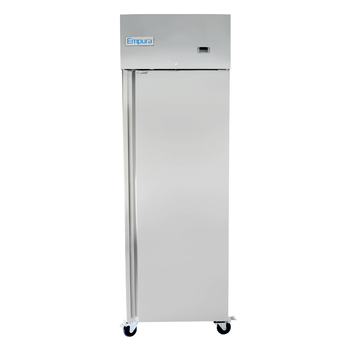 A tall, silver Empura Refrigeration reach-in commercial refrigerator with a single door stands on four caster wheels. It features a digital display on the upper right and its sleek, industrial design is ideal for any restaurant or kitchen setting.