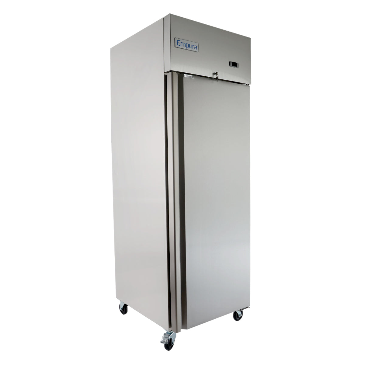 A tall, stainless steel Empura Reach-In Refrigerator with a single door stands on four caster wheels. The smooth, reflective surface displays the Empura logo near the top, set against a plain white background.