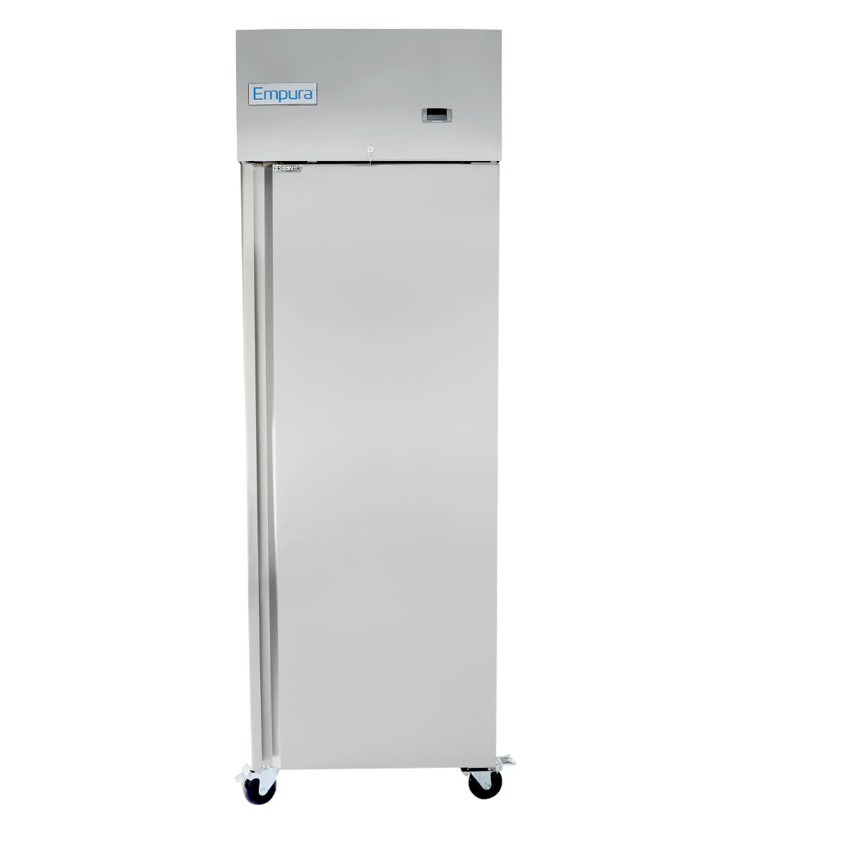 A tall, stainless steel Empura Refrigeration reach-in freezer on wheels features a single solid door and a small blue Empura label at the top left corner. The minimalist commercial freezer is photographed against a plain white background.