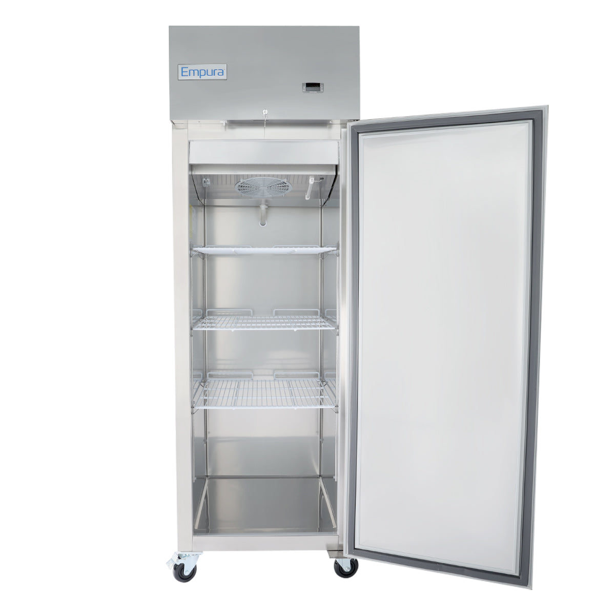 A tall, stainless steel Empura Refrigeration reach-in freezer stands on four wheels for mobility. The door is open, showing three wire shelves inside a smooth, plain interior. The “Empura” brand name is displayed on top.
