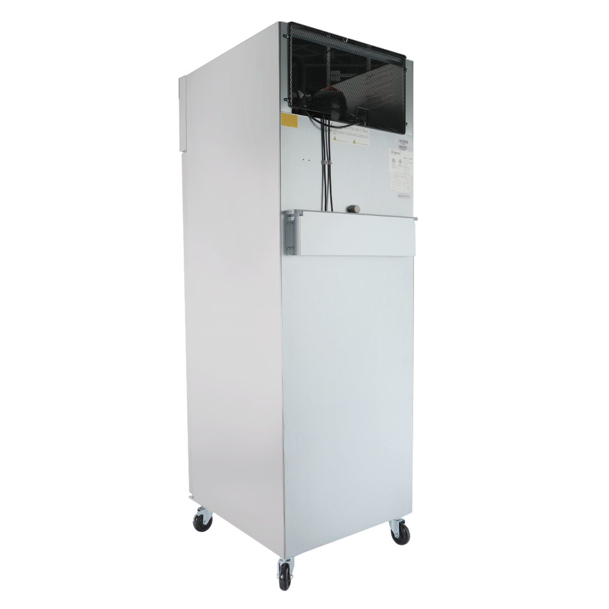 A tall, rectangular Empura Refrigeration unit with a metal exterior features visible ventilation components at the top, a front panel, and four caster wheels for mobility. The front includes a small white rectangular panel near the middle—ideal as a commercial freezer.