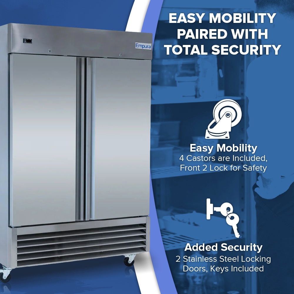 A large stainless steel double-door commercial reach-in freezer is shown on the left. On the right, text reads “Easy Mobility Paired with Total Security” with icons illustrating castors and locks, plus notes about included castors, locking doors, and keys.