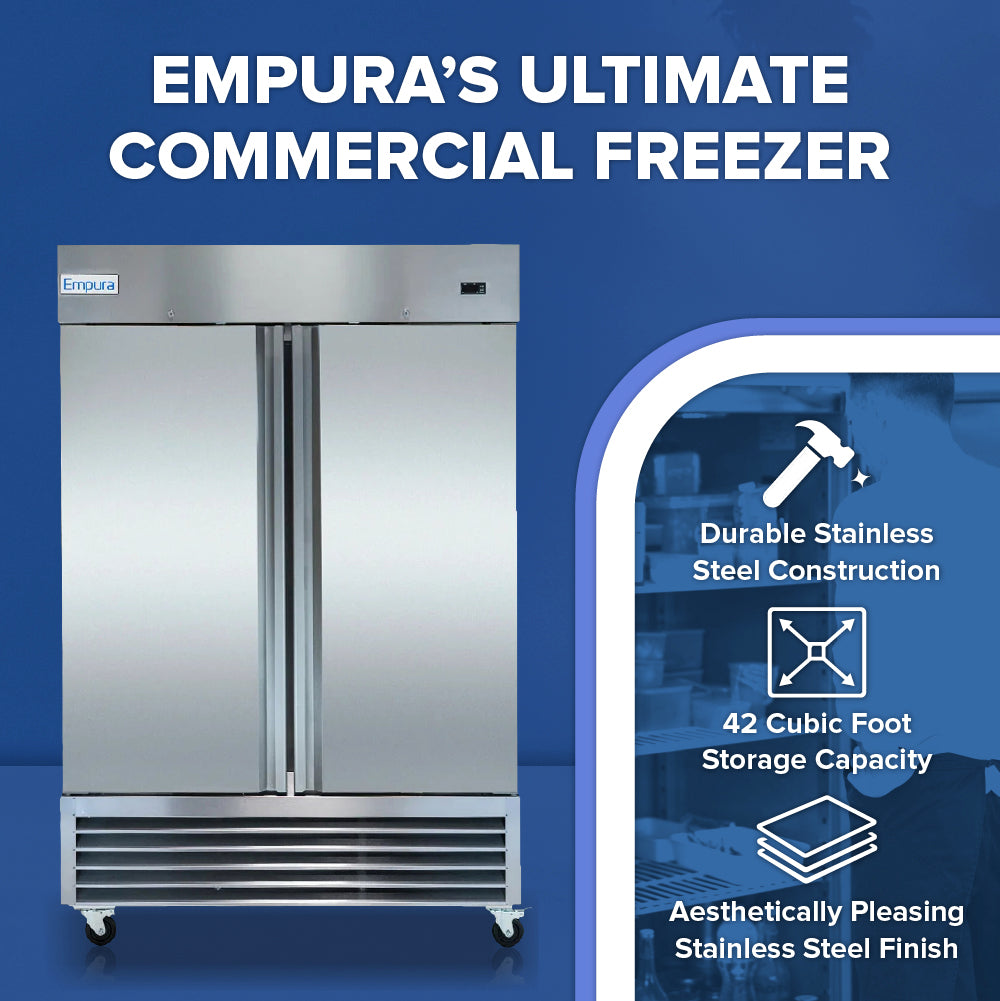 A stainless steel commercial reach-in freezer with double doors stands on a blue background. White text above reads Empura’s Ultimate Commercial Freezer. Three icons highlight its durability, 42 cubic foot storage, and sleek finish.