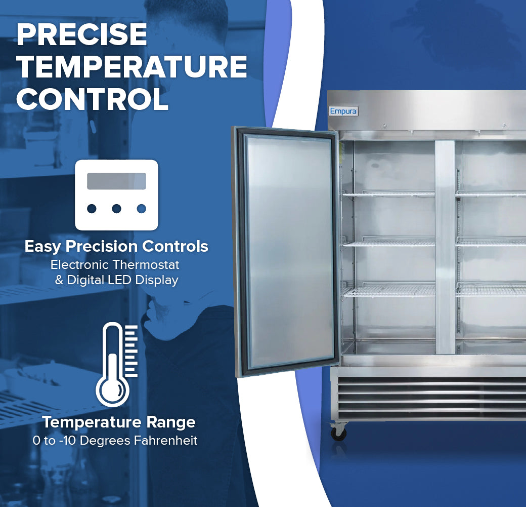A commercial stainless steel freezer with a glass door open, showing empty shelves. Blue background text reads Precise Temperature Control, spotlighting easy precision controls, an electronic thermostat, digital LED display, and a 0 to -10°F range—ideal as a restaurant freezer.