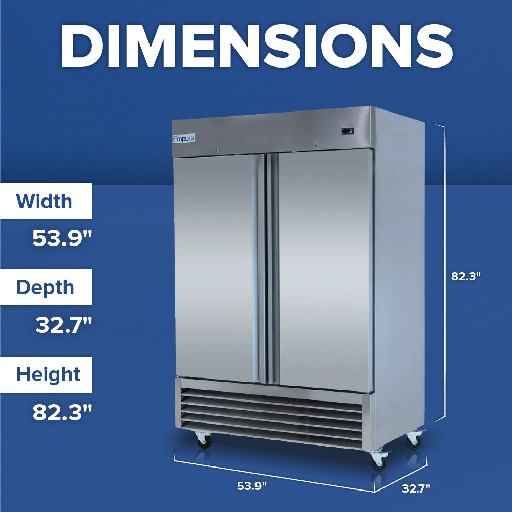 A large, stainless steel, double-door commercial reach-in freezer is shown on caster wheels against a blue background. White text labels its dimensions: Width 53.9, Depth 32.7, and Height 82.3, with dimensional lines overlaid on the unit.