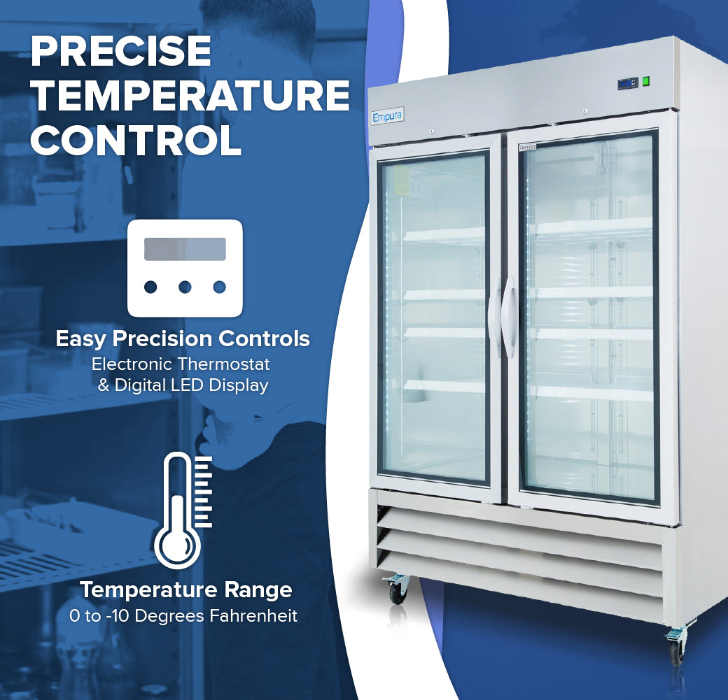 A commercial reach-in freezer with double stainless steel doors stands on wheels beside text that reads Precise Temperature Control. Icons highlight features: Easy Precision Controls, electronic thermostat, and a 0 to -10°F temperature range.