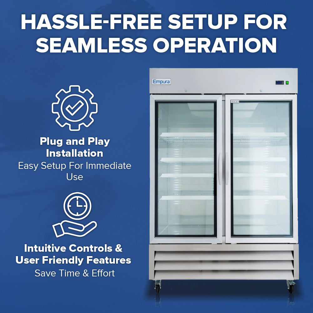 A commercial double-door stainless steel freezer with glass doors stands on a blue background. White text above reads Hassle-Free Setup for Seamless Operation. Icons and text highlight Plug and Play Installation and Intuitive, User-Friendly Controls.