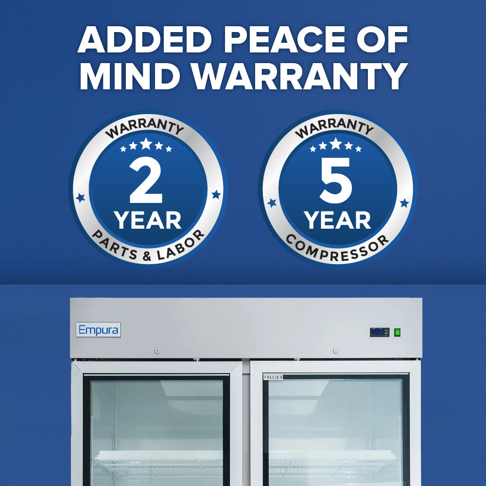 A stainless steel freezer with two warranty badges above it: one on the left says 2 Year Warranty Parts & Labor, and one on the right says 5 Year Warranty Compressor. Added Peace of Mind Warranty appears above, set on a blue background.