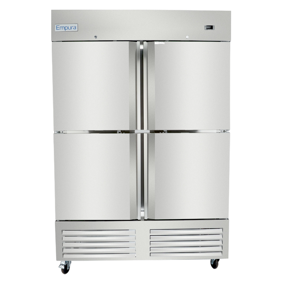A large Empura refrigeration unit, this commercial reach-in freezer features four doors with horizontal handles, a vented grill at the bottom, casters for mobility, and a smooth, brushed stainless steel finish. The Empura label sits on the top left corner.