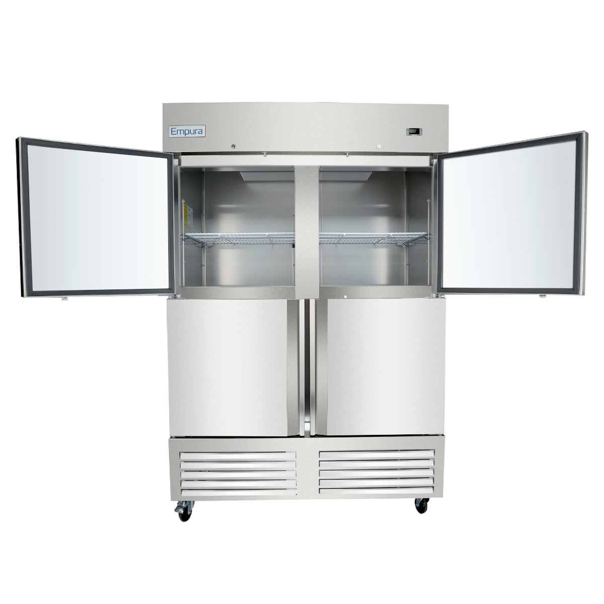 A commercial stainless steel reach-in freezer with four doors, two on top and two below, all open to reveal an empty interior with a single wire shelf. The Empura refrigeration unit is on wheels and features a vented panel at the bottom.