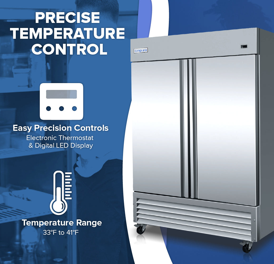 A commercial stainless steel double-door reach-in refrigerator, like the Empura E-KB54R, features digital controls, an LED display electronic thermostat, and a 33°F to 41°F range. Blue and white background graphics enhance this commercial refrigeration showcase.