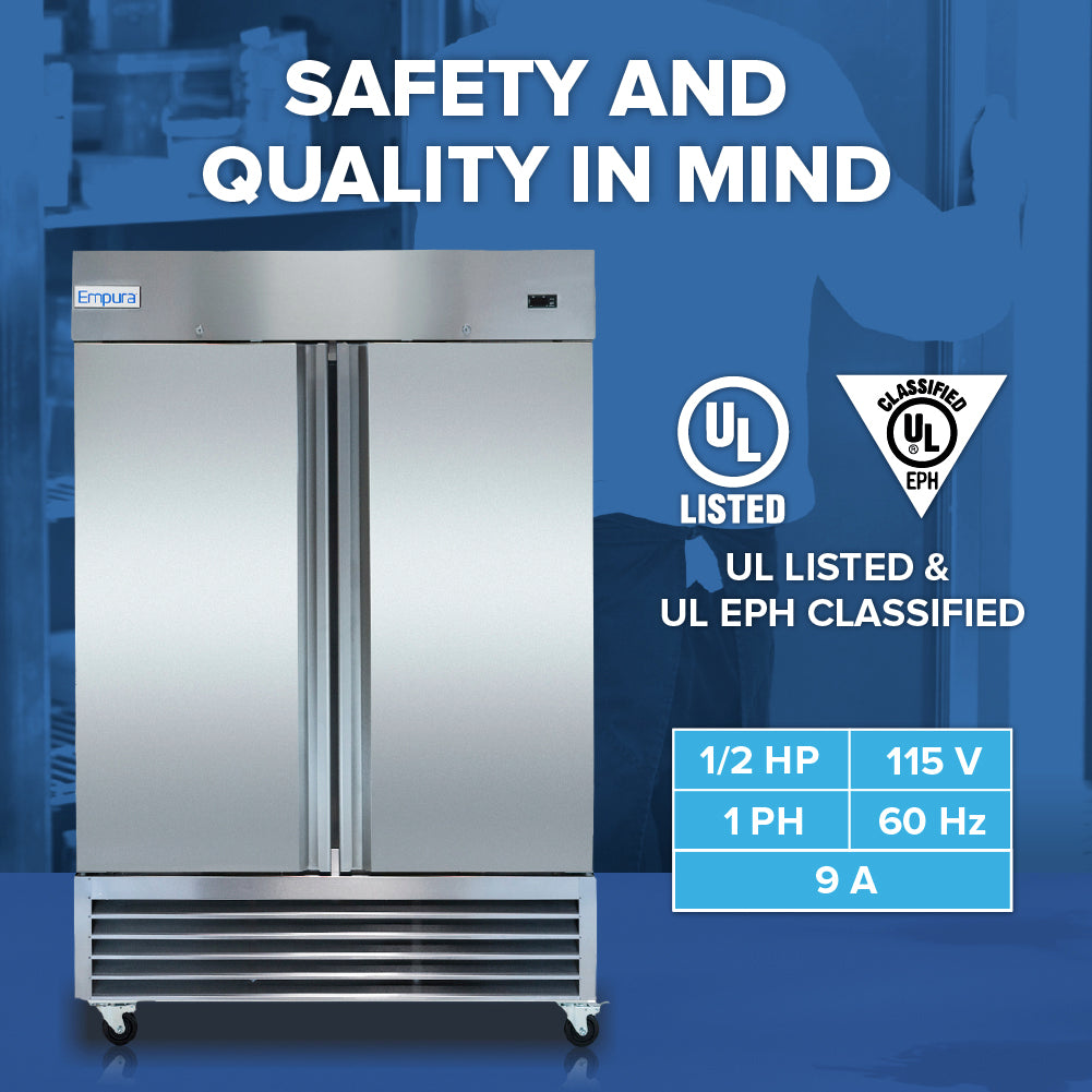 A commercial stainless steel refrigerator, the Empura E-KB54R double-door model, stands against a blue background with SAFETY AND QUALITY IN MIND. UL certification logos and specs are visible, showcasing this top-tier commercial reach-in refrigerator.