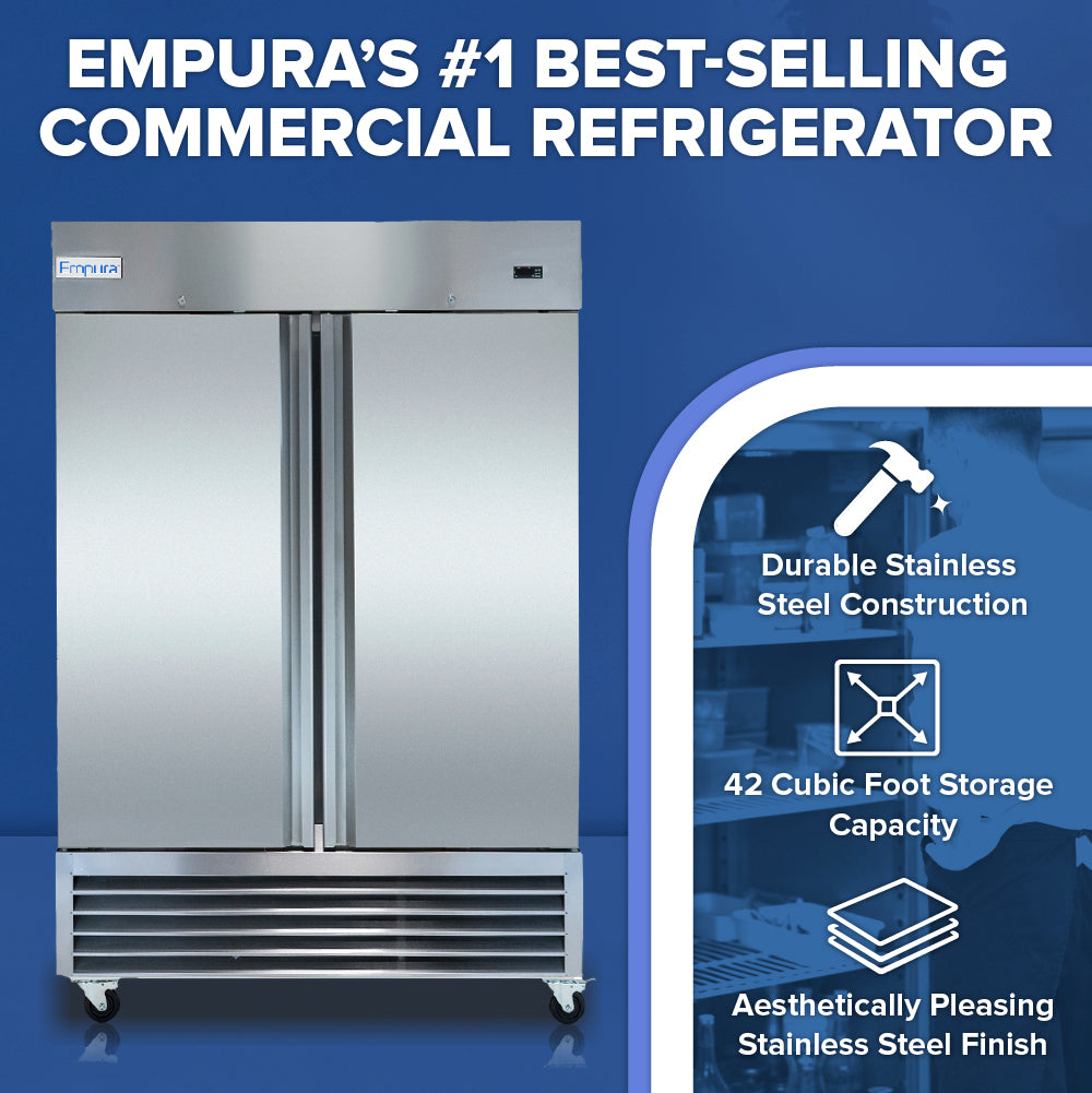 A large stainless steel refrigerator, the Empura E-KB54R, is displayed on a blue background. Text highlights this commercial reach-in refrigerator as Empura’s #1 best-seller, with 42 cubic foot storage and an attractive stainless finish. Icons illustrate each feature.