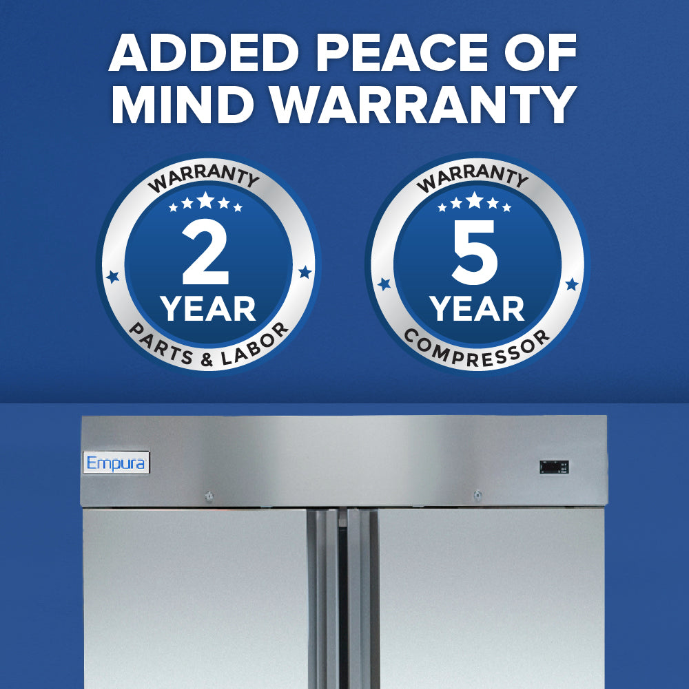 A stainless steel Empura E-KB54R commercial reach-in refrigerator is shown against a blue background. Above it, text reads “ADDED PEACE OF MIND WARRANTY,” with badges for “2 YEAR WARRANTY” and “5 YEAR WARRANTY Compressor.”.