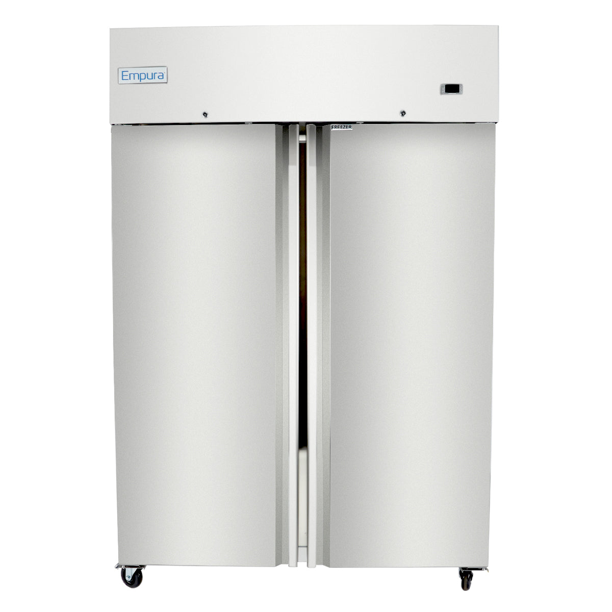 A large, commercial stainless steel double-door Reach-In Freezer with the brand name Empura on the top left, standing on wheels. The doors are closed, and the minimalist design includes a small digital display on the top right.