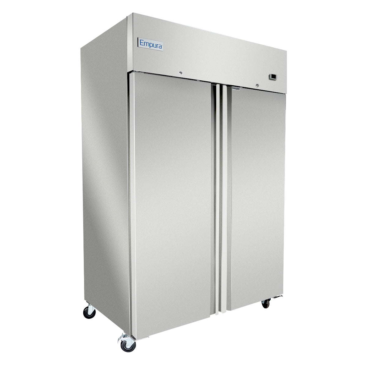 A large, stainless steel reach-in freezer with two vertical doors on caster wheels. The Empura logo is visible at the top left. The unit stands on a white background and features a sleek, industrial design ideal for commercial use.