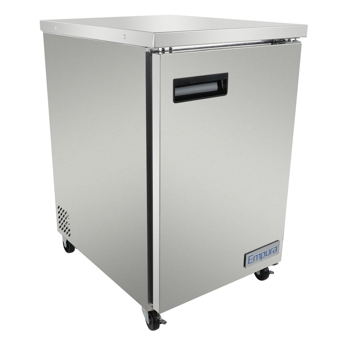 A stainless steel commercial refrigerator designed for reliable commercial refrigeration, featuring a single front door with recessed handle, small ventilation panel on the lower left, four caster wheels, and the Empura logo on the front bottom right.