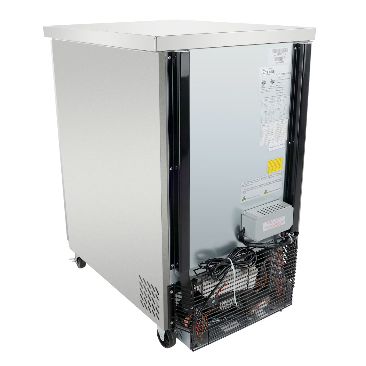 A commercial refrigeration unit, this stainless steel refrigerator is shown from the back-left angle, highlighting its metal exterior, rear ventilation grill, electrical components, condenser unit, wiring, labels, and four caster wheels for mobility.