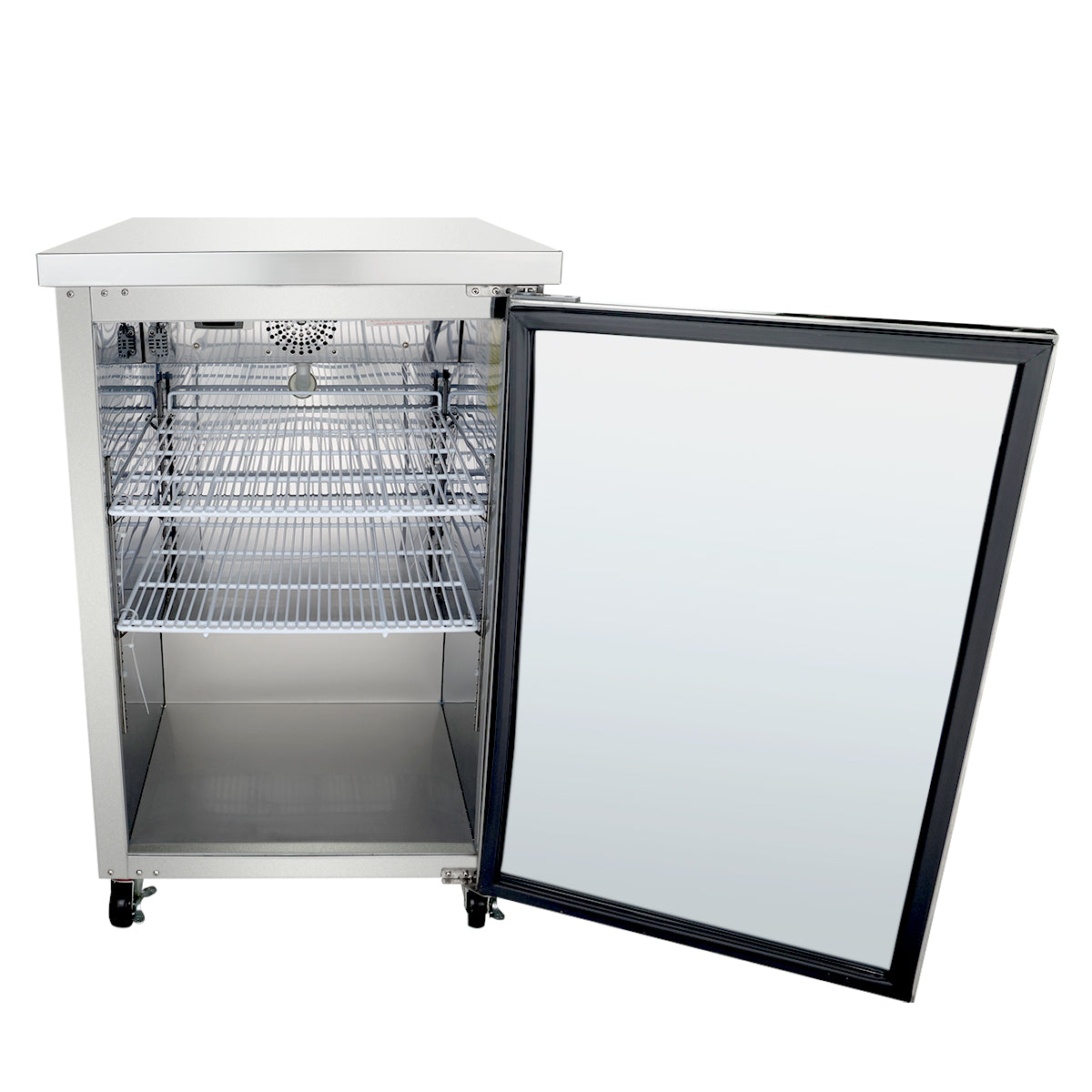 A stainless steel back bar cooler mini fridge with its glass door open reveals two wire shelves and an empty interior. The fridge is on four small wheels, with a flat exterior top—ideal for commercial refrigeration needs.
