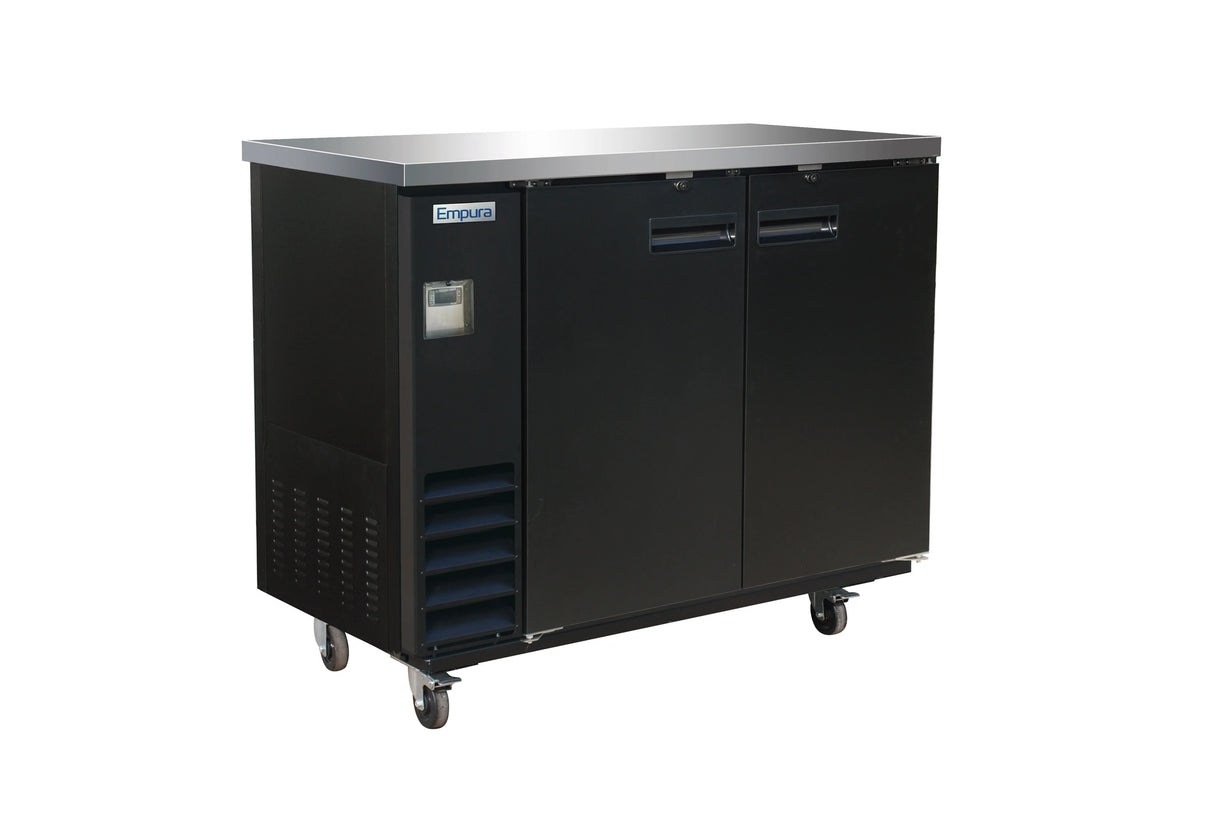 A commercial Empura Refrigeration Back Bar Cooler with two doors, a stainless steel top, vent grilles, and a side control panel sits on four wheels for mobility; the Empura label is visible on the front. The background is white.