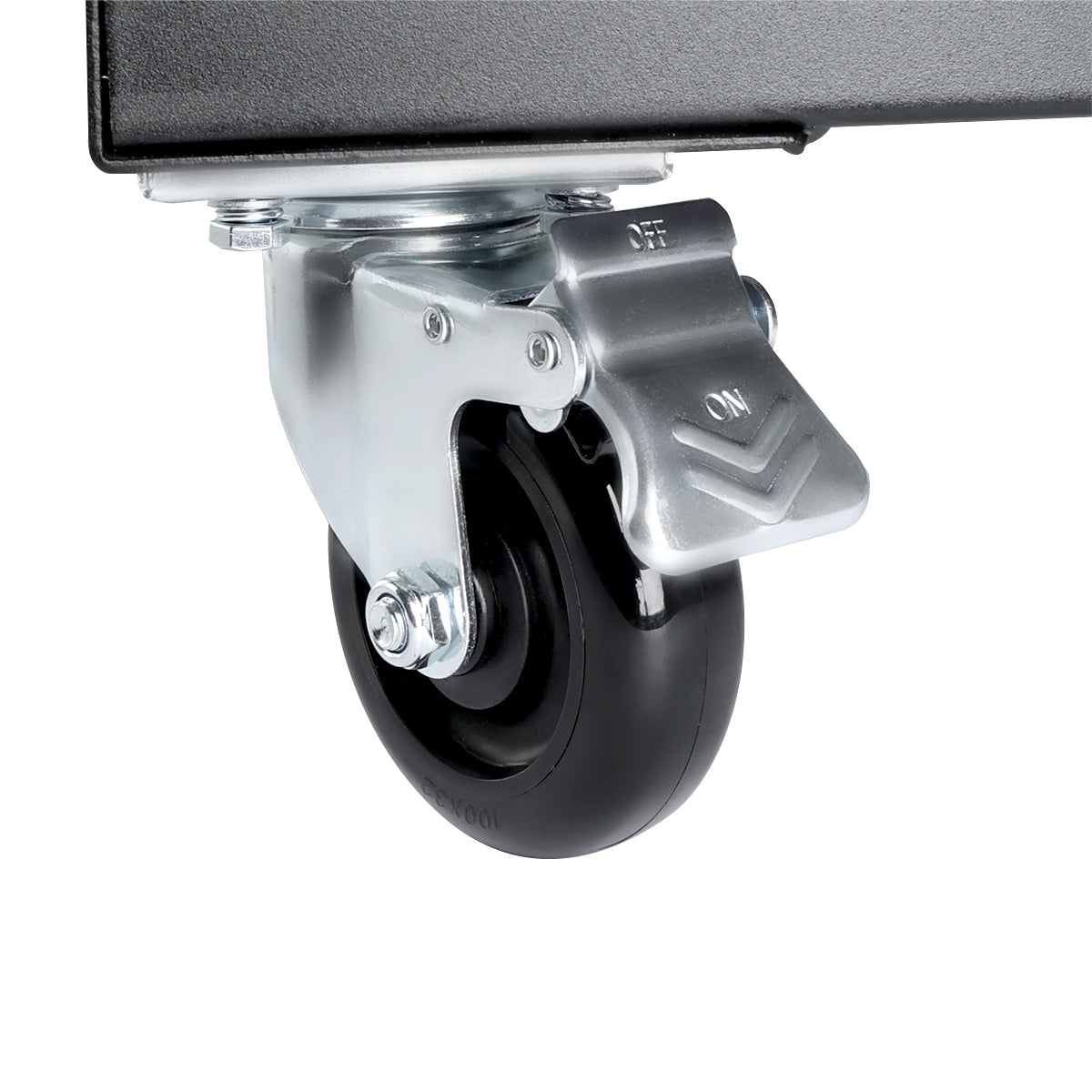 A close-up of a black swivel caster wheel attached to an Empura refrigeration back bar cooler, featuring a silver locking mechanism labeled ON and OFF. The lock pedal has chevron markings for grip.