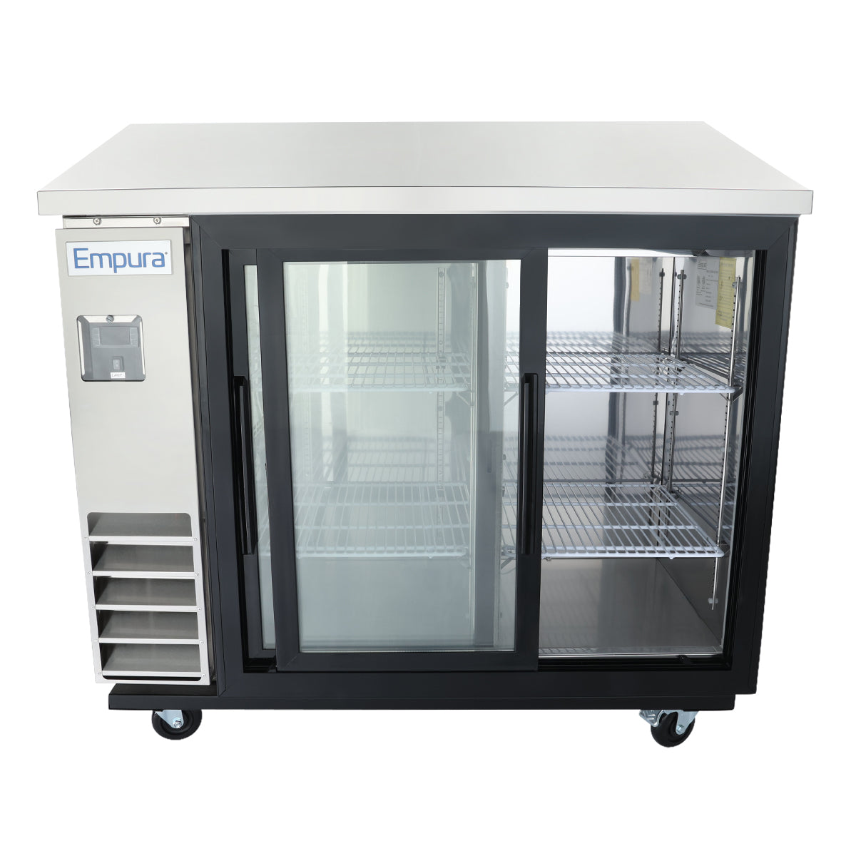This Empura refrigeration back bar cooler features two sliding glass doors, wire shelves, a solid top, and vented side panel. The stainless steel unit on wheels is ideal for storing beverages or perishables in any commercial setting.