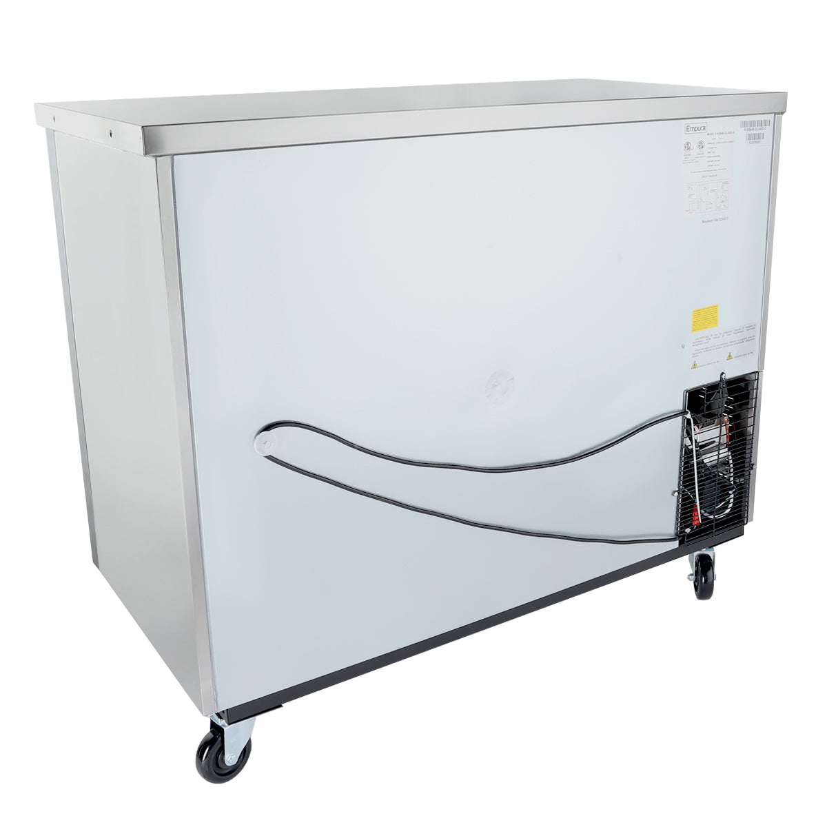 A large, rectangular Empura refrigeration freezer with a plain white exterior, stainless steel top, and four caster wheels. It features label stickers, a visible power cord and compressor components attached to the lower right side, and a sturdy industrial design.